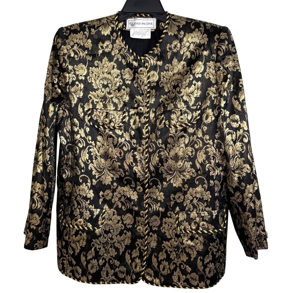 Vintage Evan Picone Black Gold Brocade Blazer Baroque Jacket USA 16